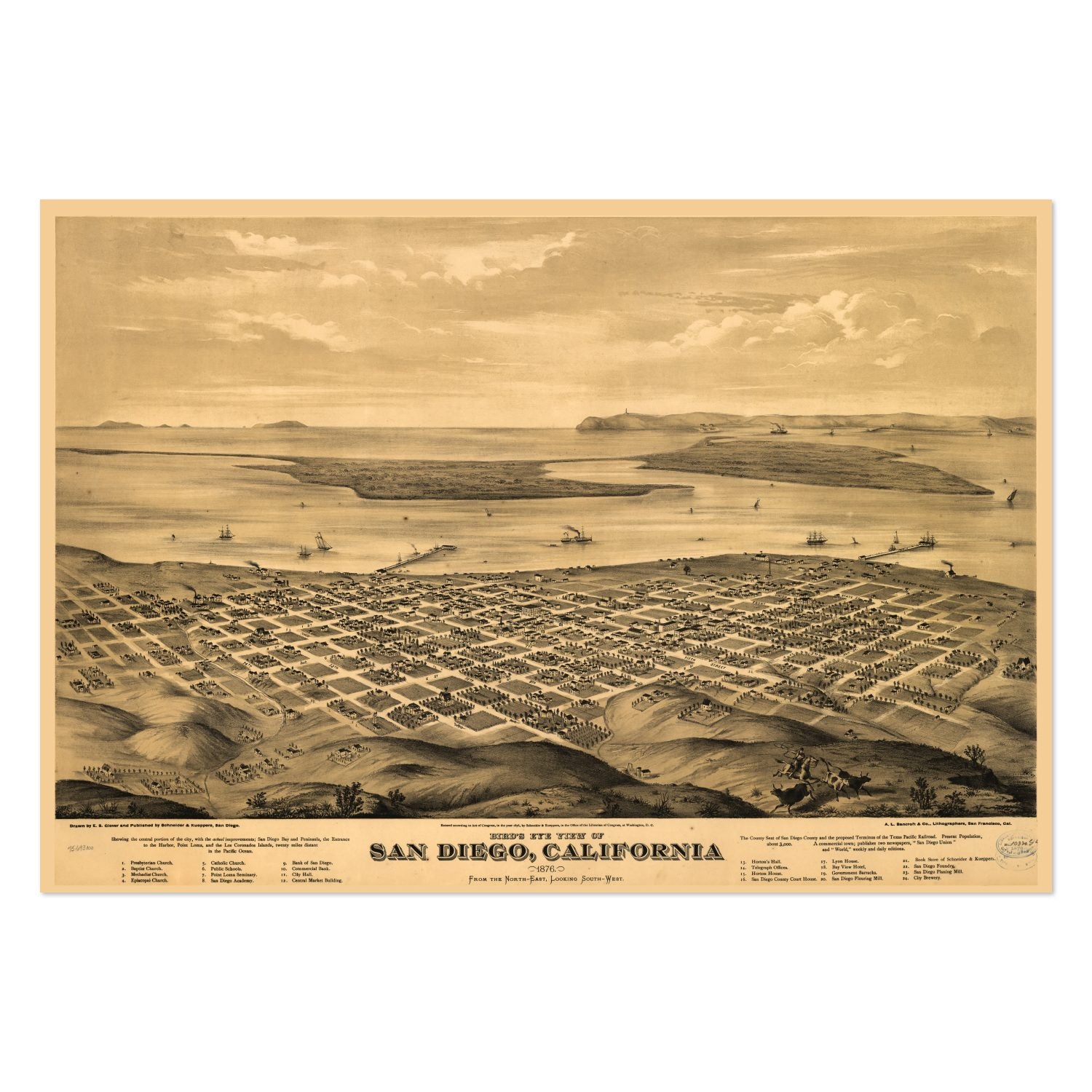 San Diego 1876 Panoramic Map poster print